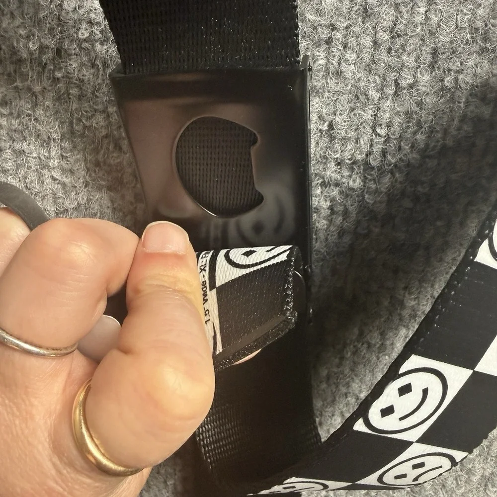 Y2K Checkerboard Graphic Webbing Belt Black White Smiley Face Skater Grunge Emo